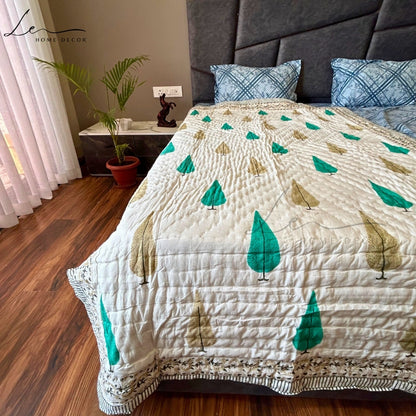 Hand Block Printed Organic Cotton Quilted Blanket - Christmas Tree