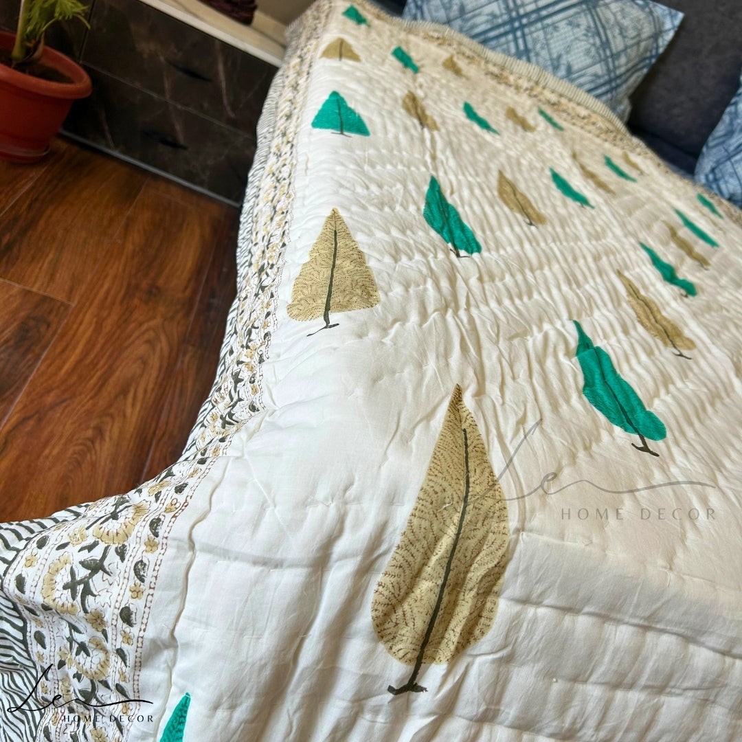 Hand Block Printed Organic Cotton Quilted Blanket - Christmas Tree