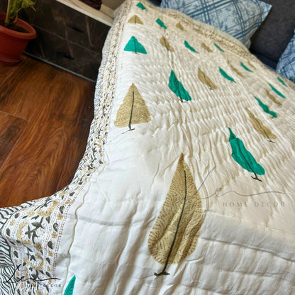 Hand Block Printed Organic Cotton Quilted Blanket - Christmas Tree