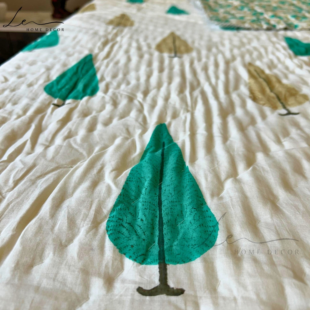 Hand Block Printed Organic Cotton Quilted Blanket - Christmas Tree