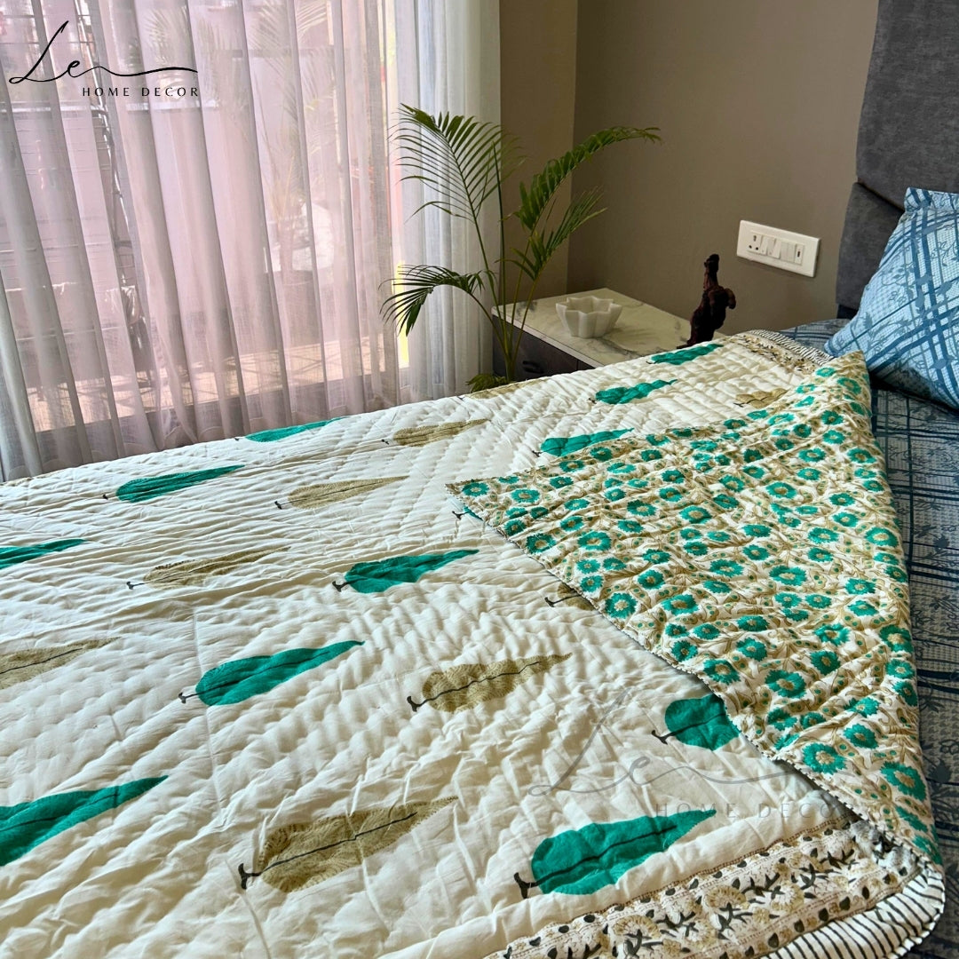 Hand Block Printed Organic Cotton Quilted Blanket - Christmas Tree