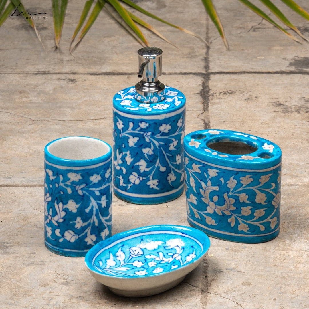 Blue Pottery Bathroom Dispenser Set (4 pc set)