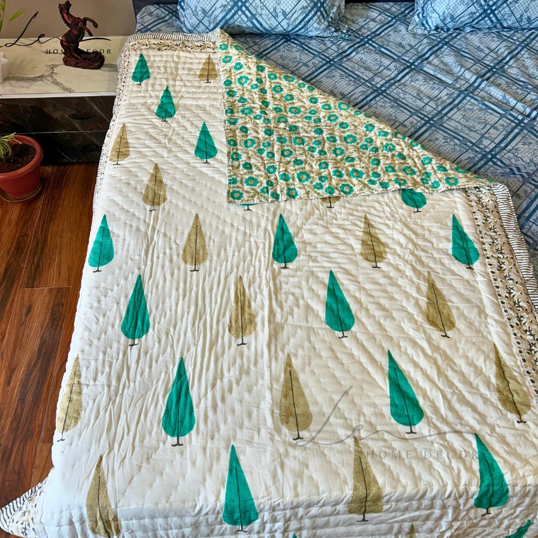 Hand Block Printed Organic Cotton Quilted Blanket - Christmas Tree
