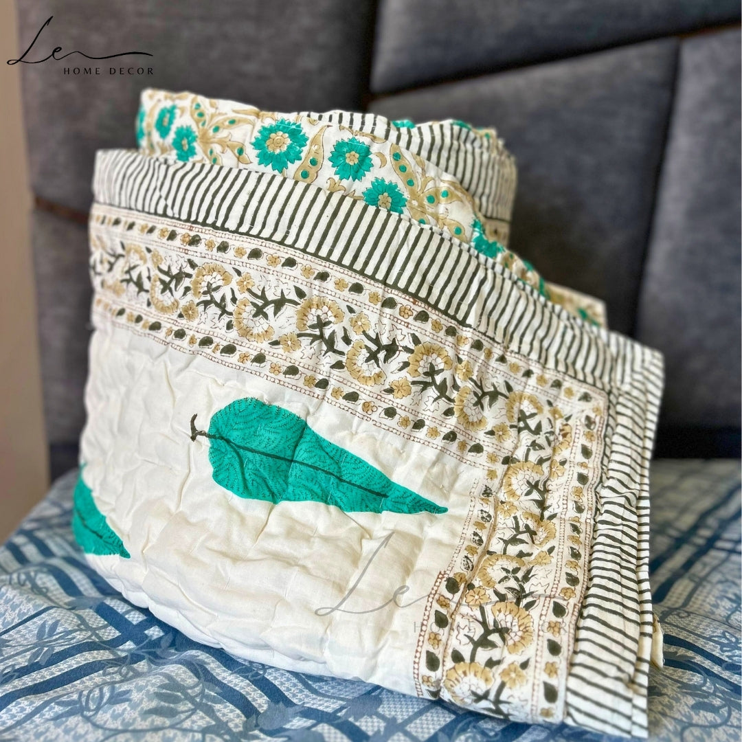 Hand Block Printed Organic Cotton Quilted Blanket - Christmas Tree