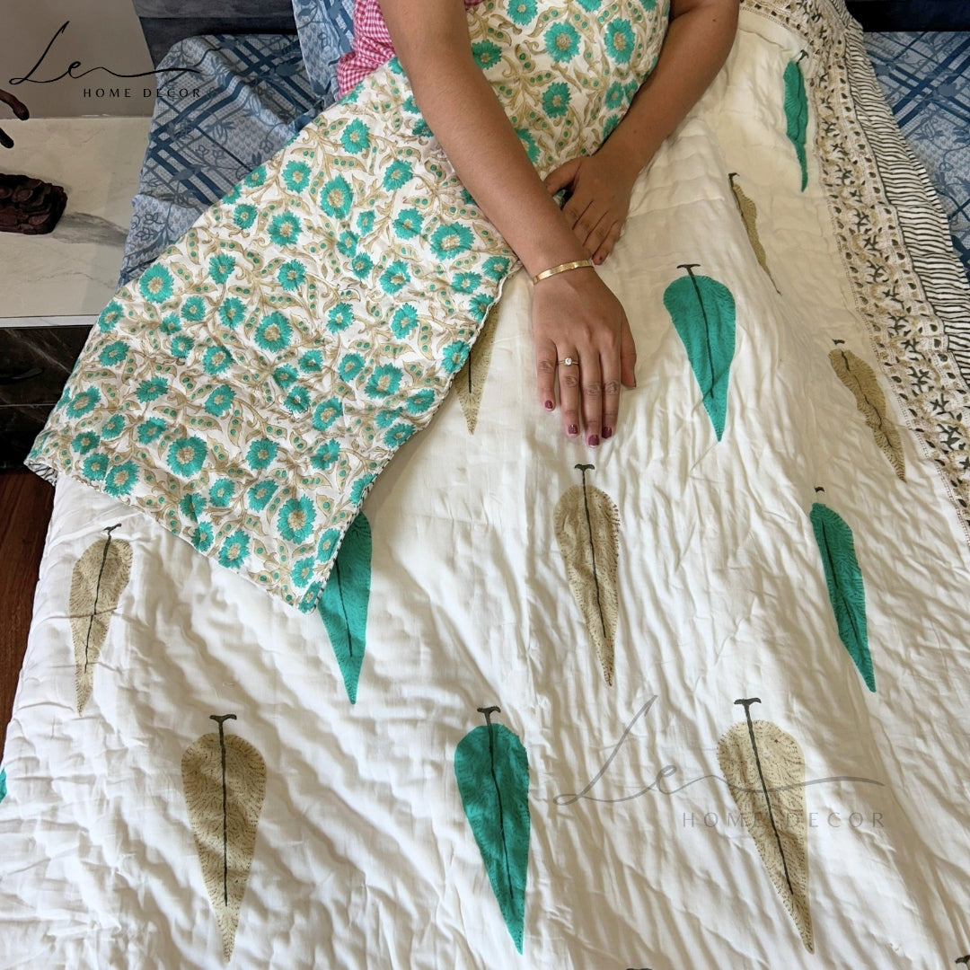 Hand Block Printed Organic Cotton Quilted Blanket - Christmas Tree