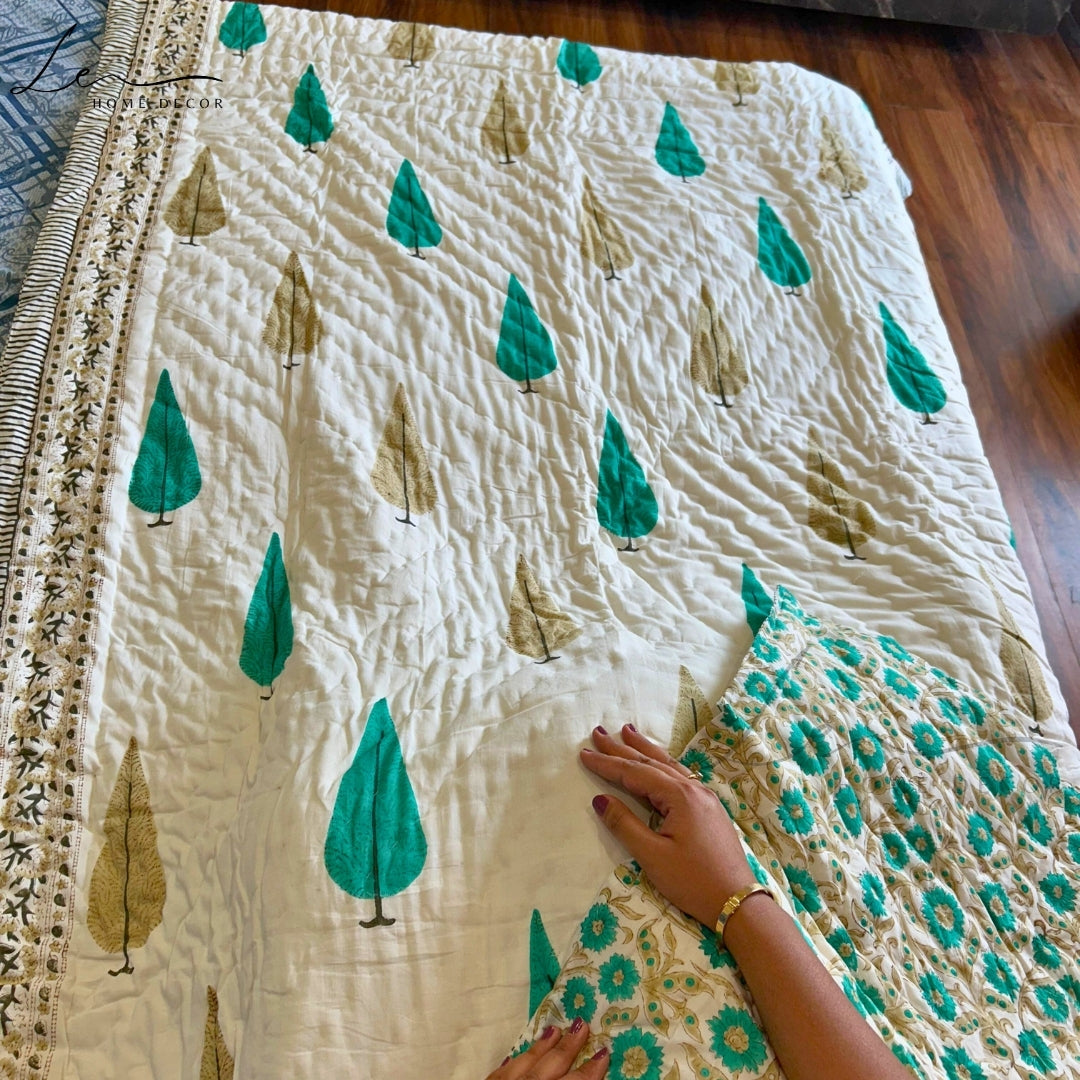 Hand Block Printed Organic Cotton Quilted Blanket - Christmas Tree