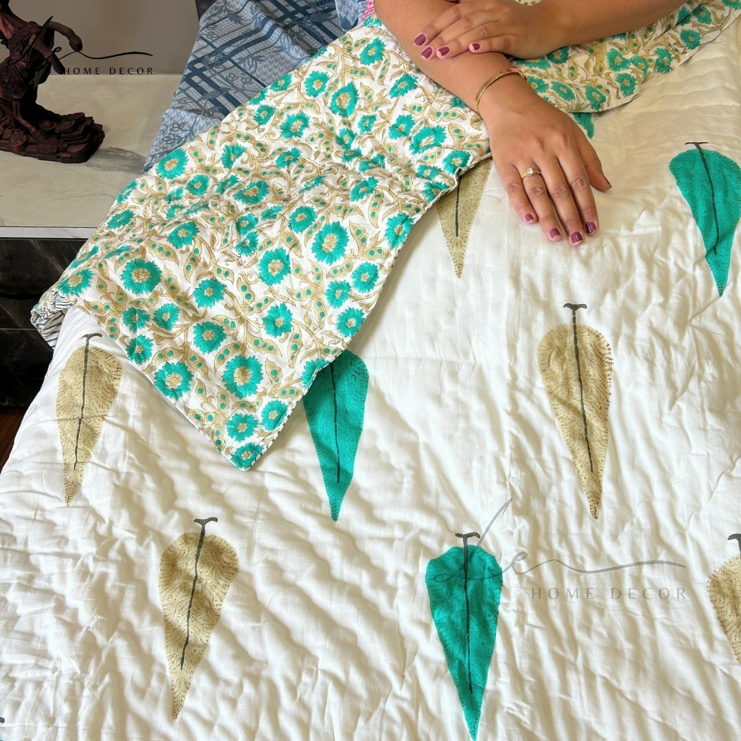 Hand Block Printed Organic Cotton Quilted Blanket - Christmas Tree