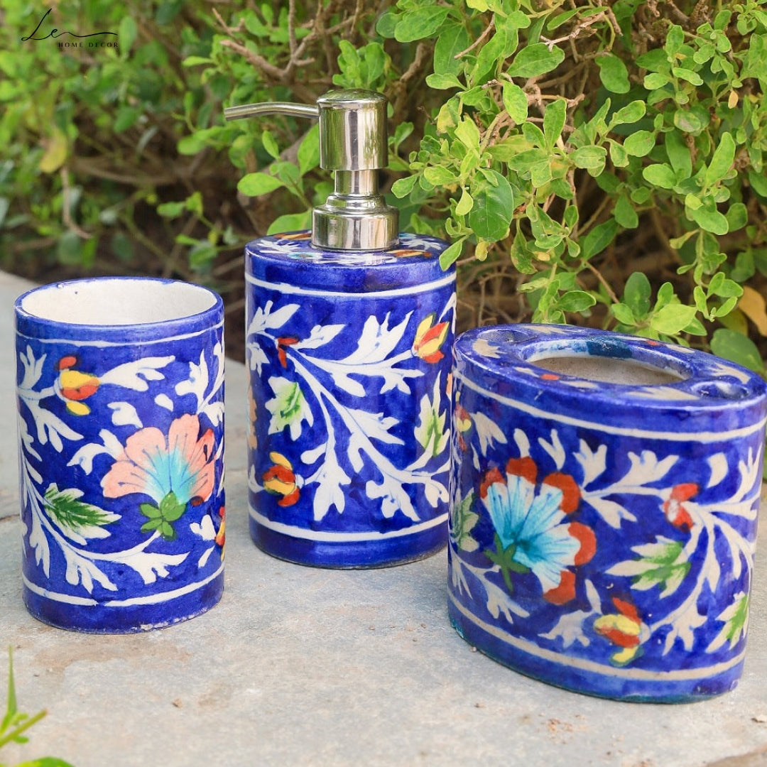 Blue Pottery Bathroom Dispenser Set - Blue (Set of 3)