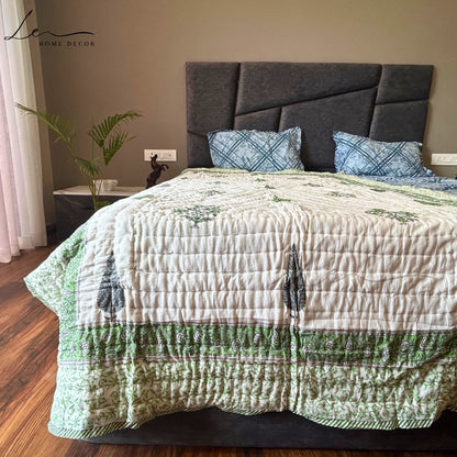 Hand Block Printed Organic Cotton Quilted Blanket - Forest Green