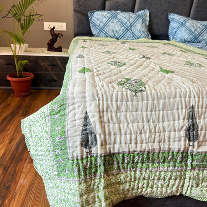 Hand Block Printed Organic Cotton Quilted Blanket - Forest Green