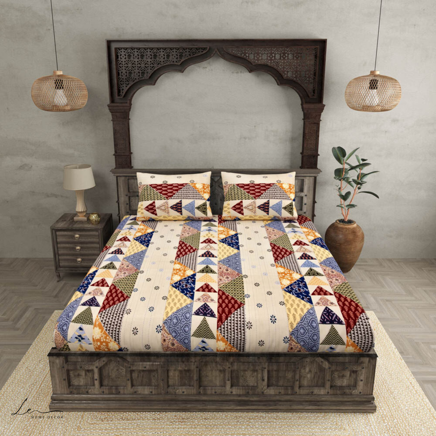 Pastel Twill Cotton Double Bedsheet With Colorful Patchwork Design