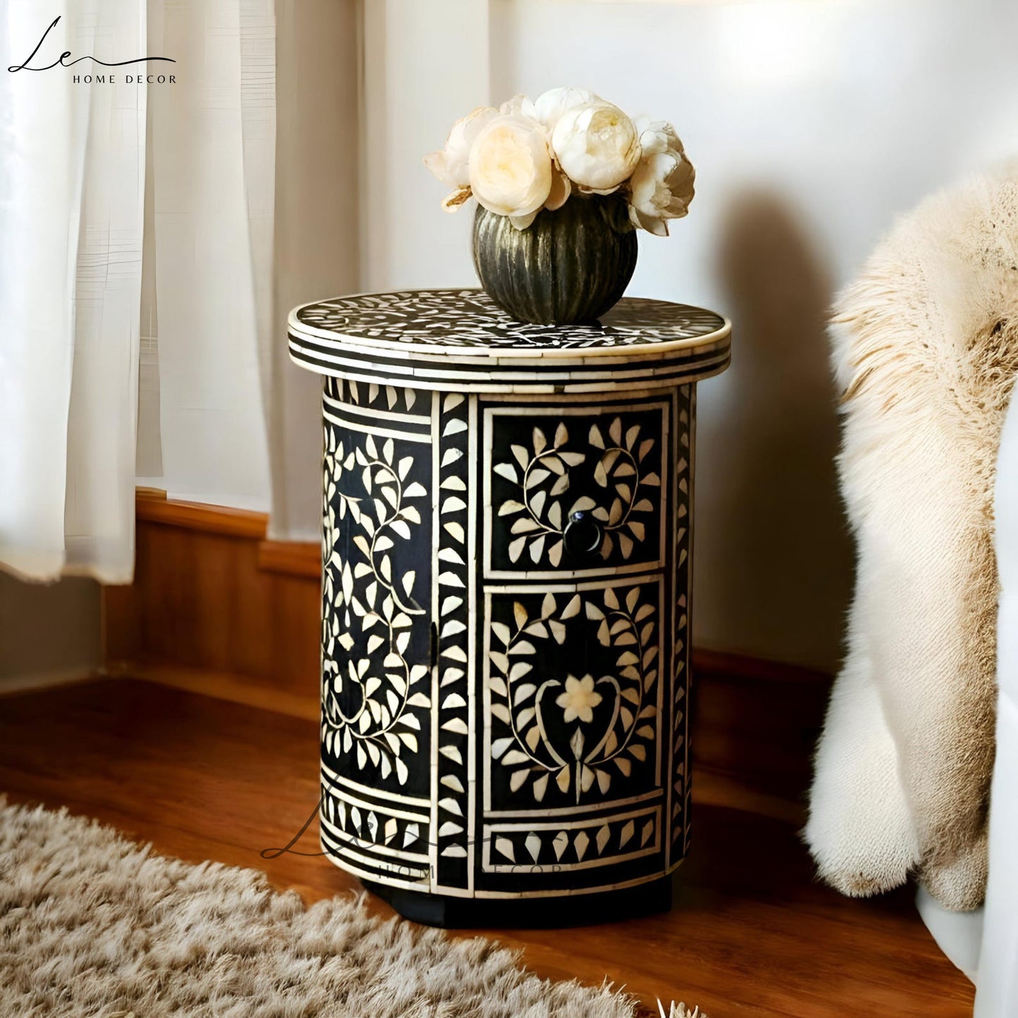 Black and White Round Bone Inlay Side Table