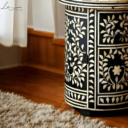 Black and White Round Bone Inlay Side Table