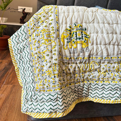 Hand Block Printed Organic Cotton Quilted Blanket - Elephant