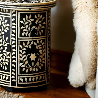 Black and White Round Bone Inlay Side Table