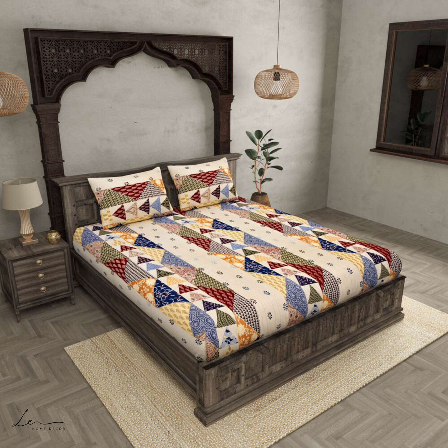 Pastel Twill Cotton Double Bedsheet With Colorful Patchwork Design