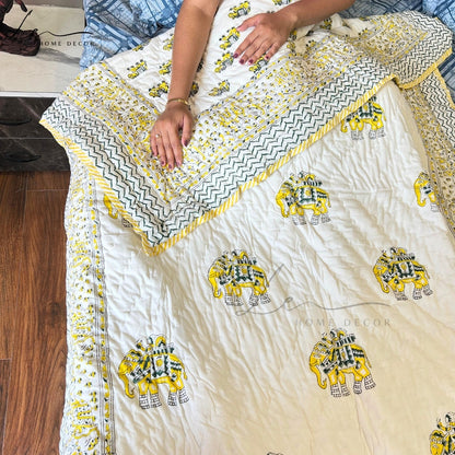 Hand Block Printed Organic Cotton Quilted Blanket - Elephant