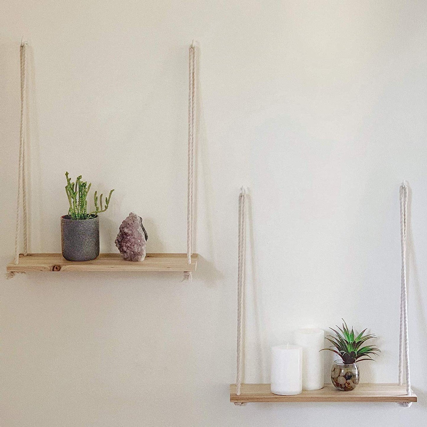 Floating Wooden Rope Hanging Shelf for Wall Decor