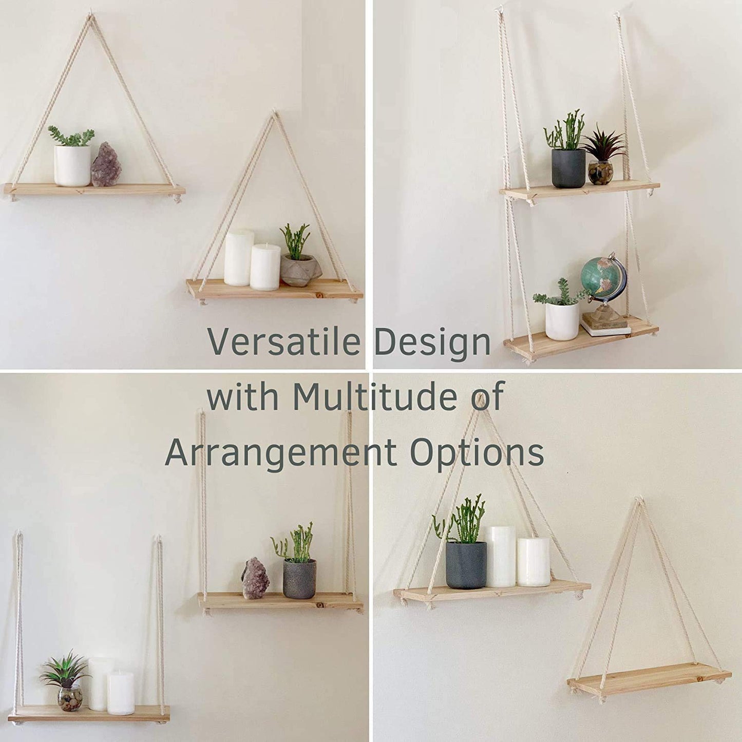 Floating Wooden Rope Hanging Shelf for Wall Decor