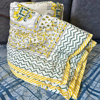 Hand Block Printed Organic Cotton Quilted Blanket - Elephant