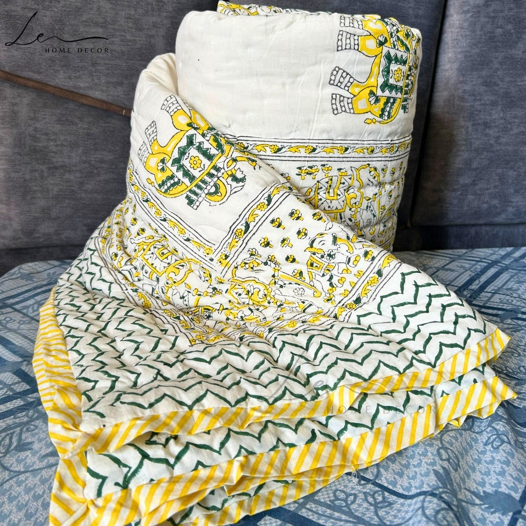 Hand Block Printed Organic Cotton Quilted Blanket - Elephant