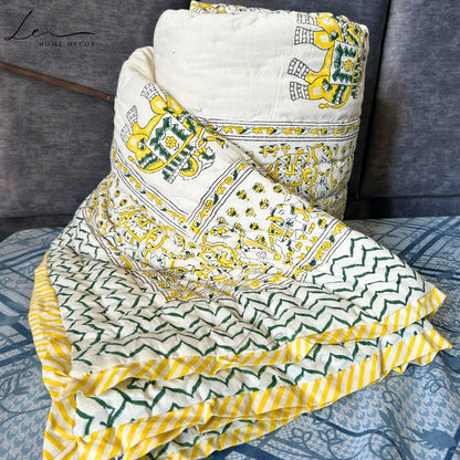 Hand Block Printed Organic Cotton Quilted Blanket - Elephant