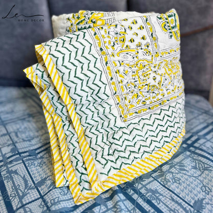 Hand Block Printed Organic Cotton Quilted Blanket - Elephant