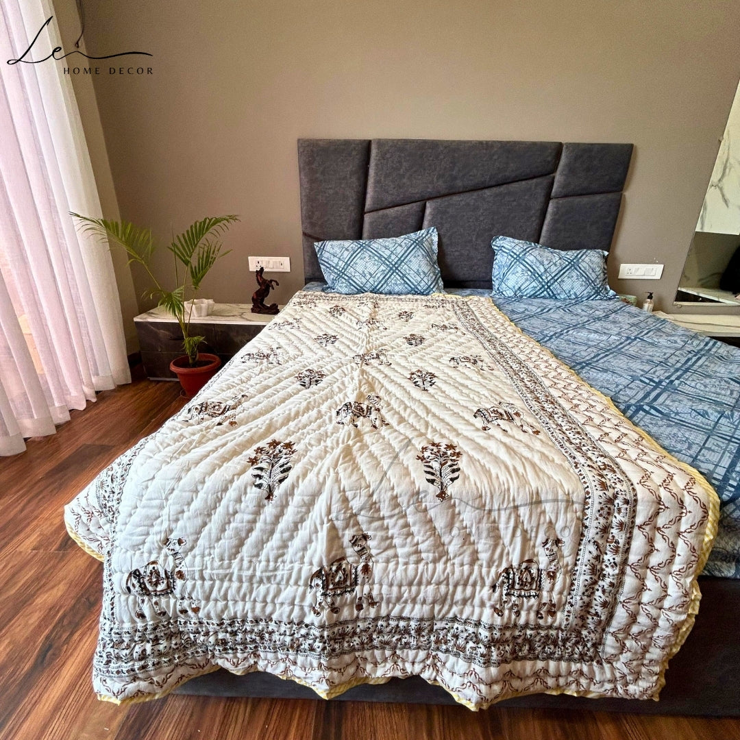 Hand Block Printed Organic Cotton Quilted Blanket - Camel