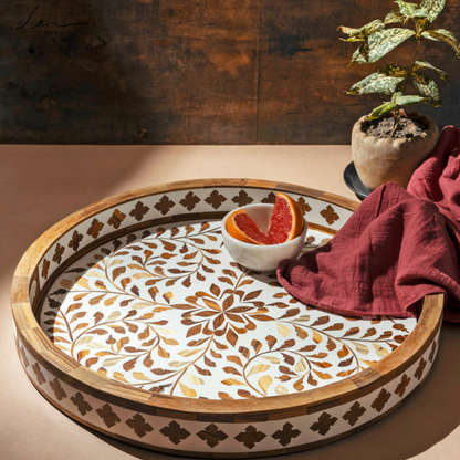 Wood Inlay Decorative Round Tray