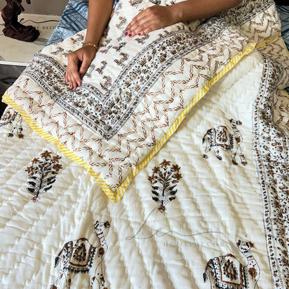 Hand Block Printed Organic Cotton Quilted Blanket - Camel