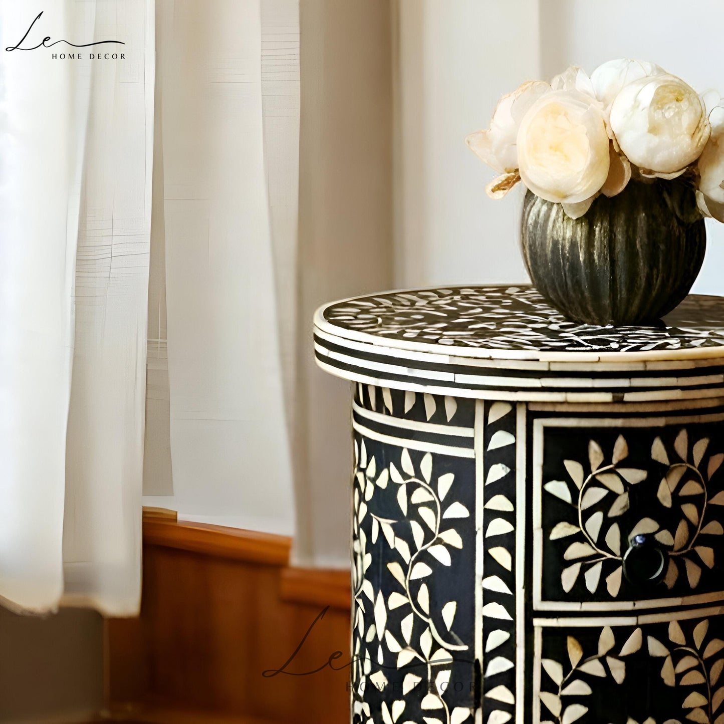 Black and White Round Bone Inlay Side Table