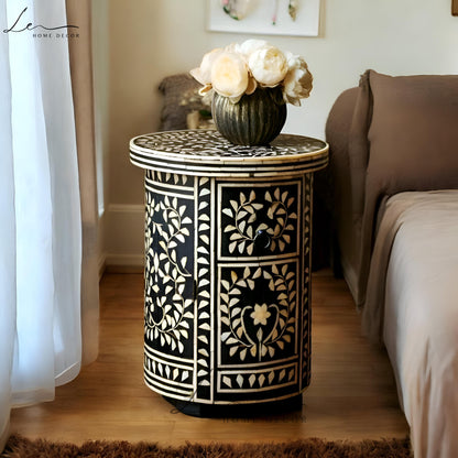 Black and White Round Bone Inlay Side Table