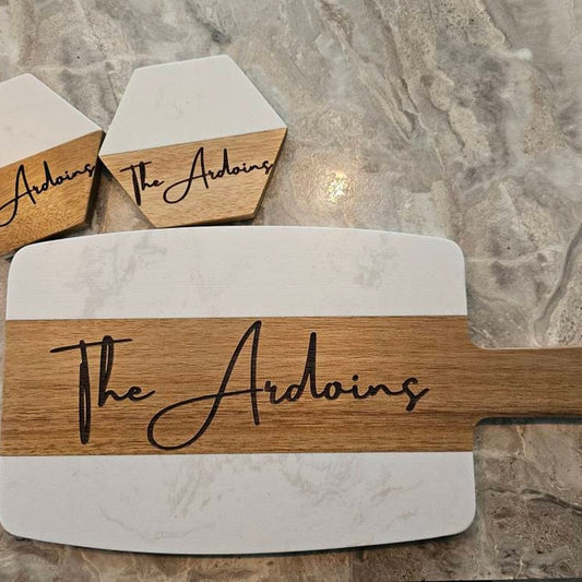 Marble and Wood Personalized Cutting Board and Coasters Set