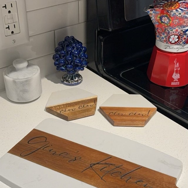 Marble and Wood Personalized Cutting Board and Coasters Set