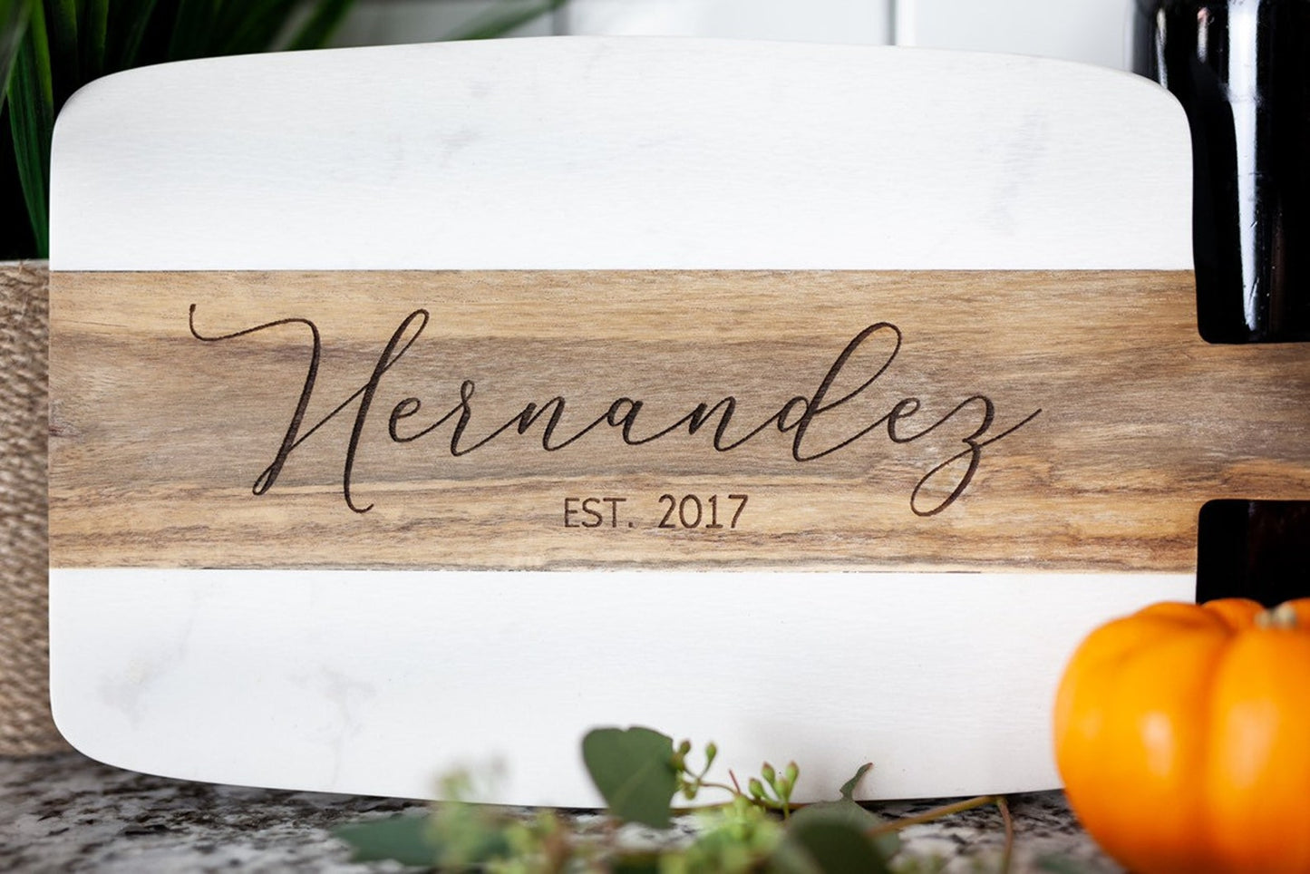 Marble and Wood Personalized Cutting Board and Coasters Set