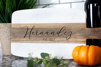 Marble and Wood Personalized Cutting Board and Coasters Set