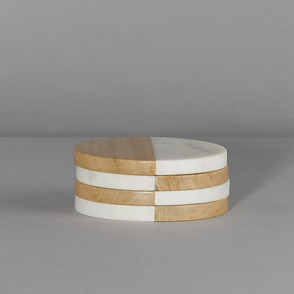 Natural White Marble And Wood Round Coaster Set