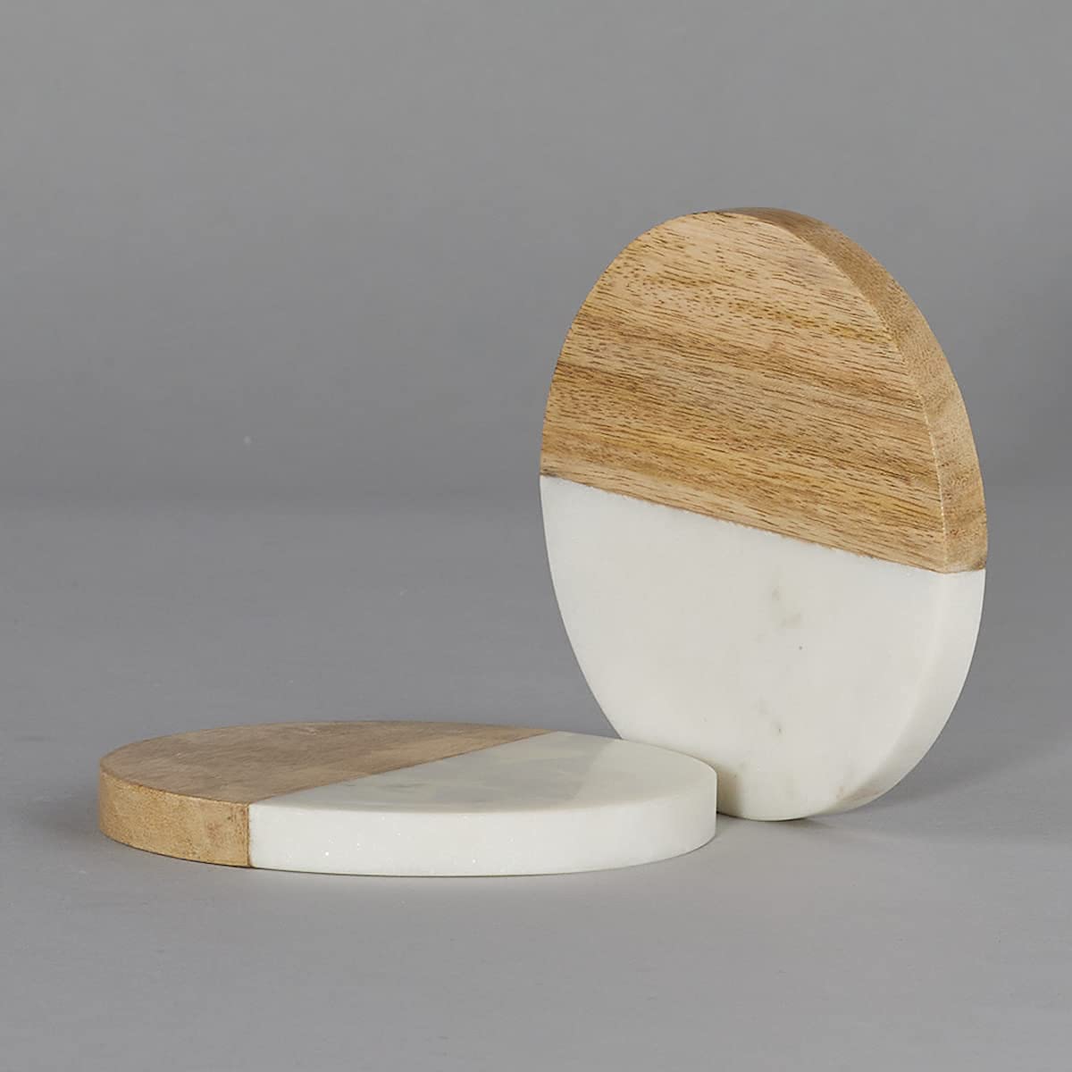 Natural White Marble And Wood Round Coaster Set