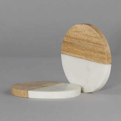 Natural White Marble And Wood Round Coaster Set