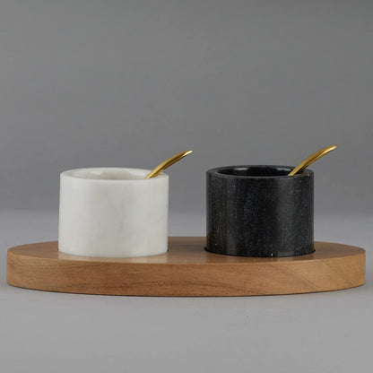 Marble And Wood Condiment Set With Spoons