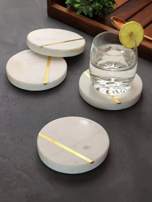 White Marble Tea & Coffee Coasters Gold Brass