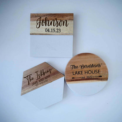 Personalized Acacia Wood and Marble Coasters