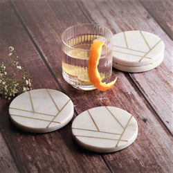 White Round Marble Coasters - Gold Lines