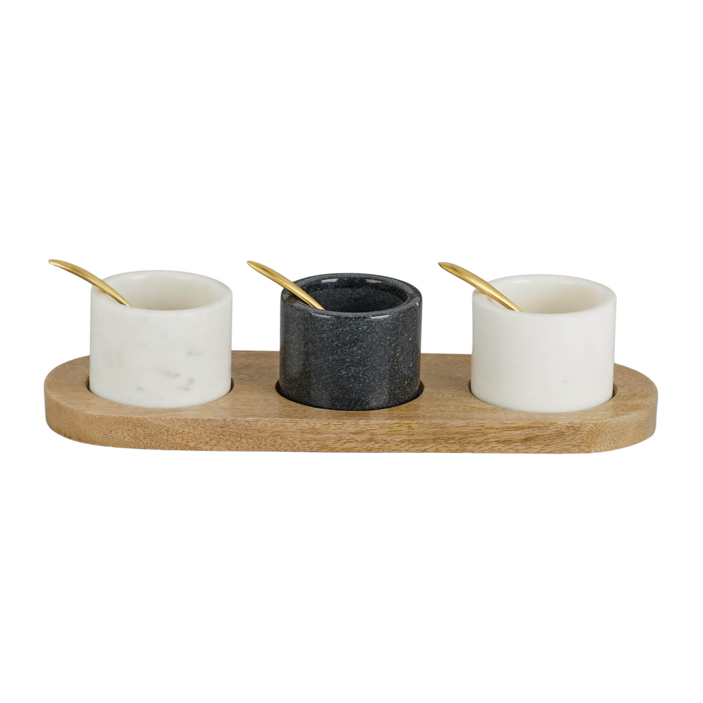 Marble Nut Bowls And Wooden Tray With Brass Spoons (Set Of 3)